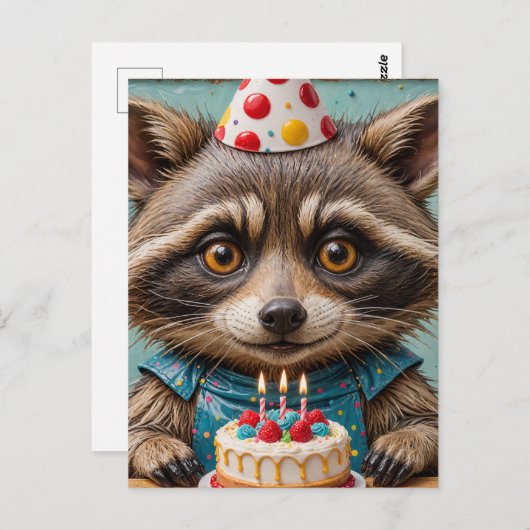 誕生日ケーキを持つかわいいアライグマ ポストカード (正面/裏面)