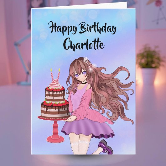 誕生日ケーキを持つアニメ風の十代の少女 カード