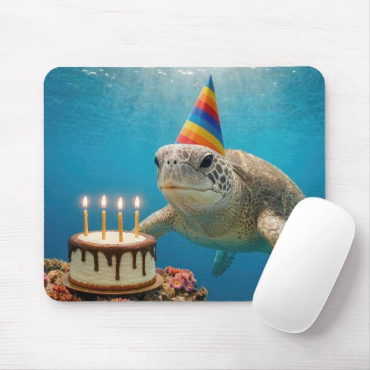 誕生日ケーキを持つウミガメ マウスパッド (マウス)