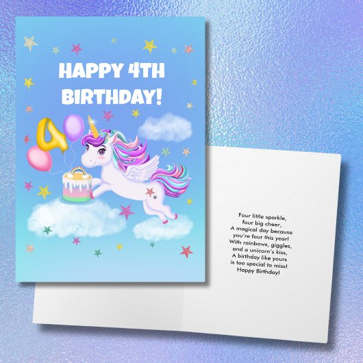 誕生日ケーキを持つ4歳の誕生日ユニコーン カード