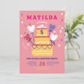 誕生日ケーキ招待ピンクの風船パーティー任意の年齢 招待状 (スタンド正面)