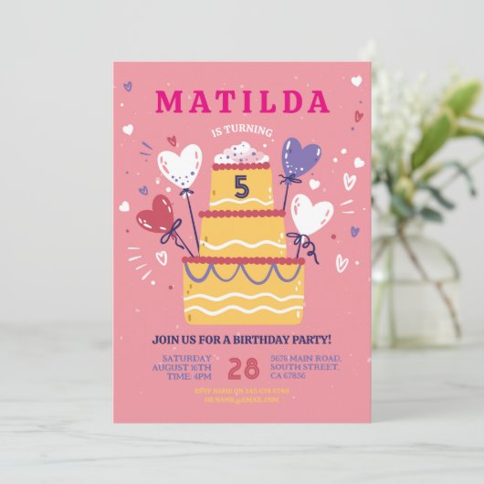誕生日ケーキ招待ピンクの風船パーティー任意の年齢 招待状 (スタンド正面)