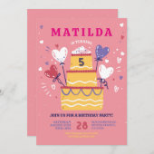 誕生日ケーキ招待ピンクの風船パーティー任意の年齢 招待状 (正面/裏面)