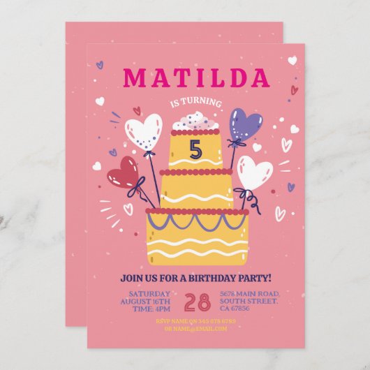 誕生日ケーキ招待ピンクの風船パーティー任意の年齢 招待状 (正面/裏面)