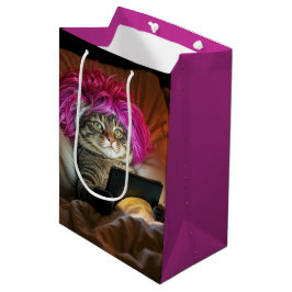 誕生日ゲンZ猫がタブレットを見る ミディアムペーパーバッグ
