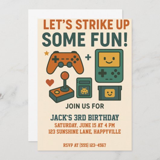 誕生日ゲーマーボーイ – ヴィンテージレベルアップおもしろい 招待状 (正面/裏面)