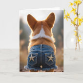 誕生日コルギドッグブルージャンショーツを着て カード (黄色い花)