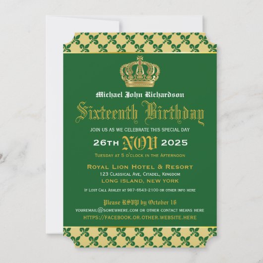 誕生日コートオブアームズ王室のグリーン金ゴールドライオンエンブレム 招待状 (裏面)