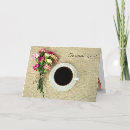 誕生日コーヒーとカーネーションの花束 カード (正面)