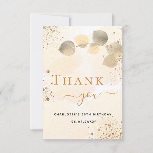 誕生日ゴールデンユーカリ金ゴールドグリッター秋 サンキューカード (正面)