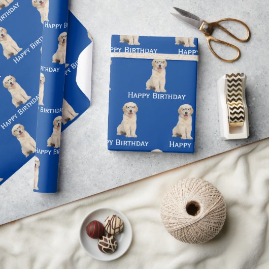 誕生日ゴールデンレトリエバーパピー眼鏡 ラッピングペーパー (クラフト)