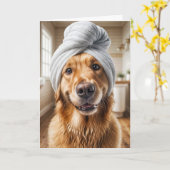 誕生日ゴールデンレトリバーにターバンのタオルを着ける カード (黄色い花)