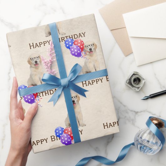 誕生日ゴールデンレトリバーパピーとバルーン ラッピングペーパー (ギフト)