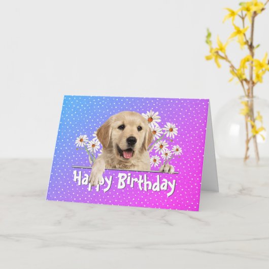 誕生日ゴールデンレトリバー水玉模様 カード (黄色い花)