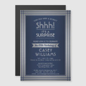 誕生日サプライズエレガントパーティーネイビーブルー&シルバー マグネット招待状 (正面/裏面)