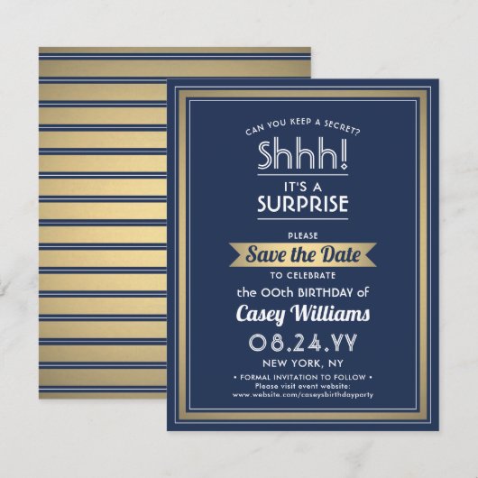 誕生日サプライズパーティーシーッ！ネイビーブルーと金ゴールド セーブザデート (正面/裏面)