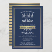 誕生日サプライズパーティーシーッ！ネイビーブルーと金ゴールド 招待状 (正面/裏面)