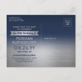 誕生日サプライズパーティーネイビーブルー日付を保存 案内ポストカード (裏面)