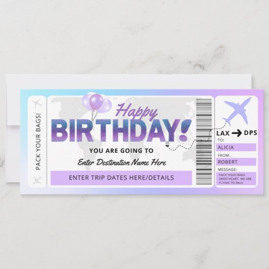 誕生日サプライズ飛行機チケットテンプレート 招待状 (正面)