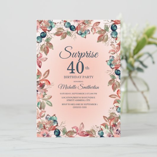 誕生日サプライズ40th女性ピンクティール(緑がかった色)フローラ 招待状 (スタンド正面)