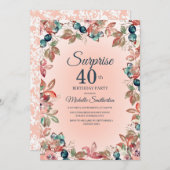 誕生日サプライズ40th女性ピンクティール(緑がかった色)フローラ 招待状 (正面/裏面)