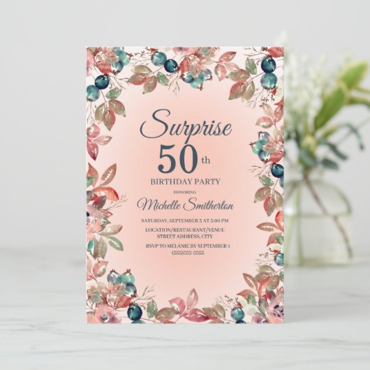 誕生日サプライズ50th女性ピンクティール（緑がかった色）フローラ 招待状 (スタンド正面)