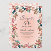 誕生日サプライズ60th女性ピンクティール(緑がかった色)フローラ 招待状 (正面/裏面)