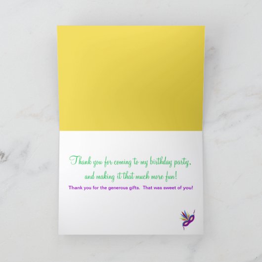 誕生日サンキューパープルマルディグラスマスク カード (内部)