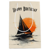 誕生日サンライズシルボートシルエットスケッチ ミディアムペーパーバッグ (正面)