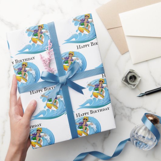 誕生日サーファーオンブルーウェーブ ラッピングペーパー (ギフト)