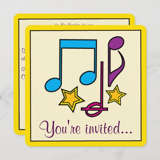 誕生日シアター、ミュージカルまたはムービーパーティーとメモ 招待状 (正面/裏面)
