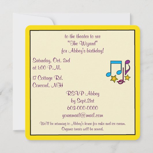 誕生日シアター、ミュージカルまたはムービーパーティーとメモ 招待状 (裏面)