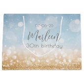 誕生日シャンパンスカイブルーきらめく金ゴールドきらめく ラージペーパーバッグ (正面)