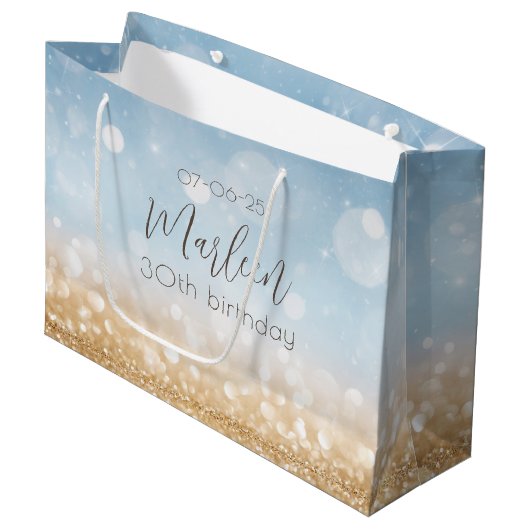 誕生日シャンパンスカイブルーきらめく金ゴールドきらめく ラージペーパーバッグ (正面アングル)