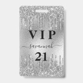 誕生日シルバーグリッターが滴るメタリックVIP招待状 バッジ (正面)