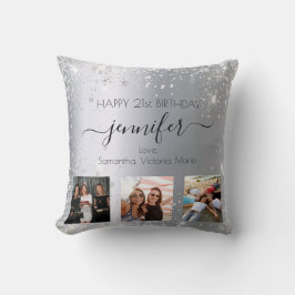 誕生日シルバーグリッターのフレンドの写真名 クッション
