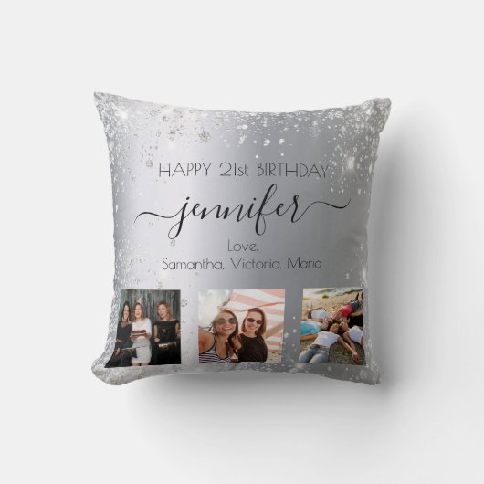 誕生日シルバーグリッターのフレンドの写真名 クッション (正面)