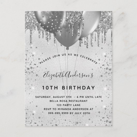 誕生日シルバーグリッターグラマラスな女の子 インビテーションポストカード (正面)