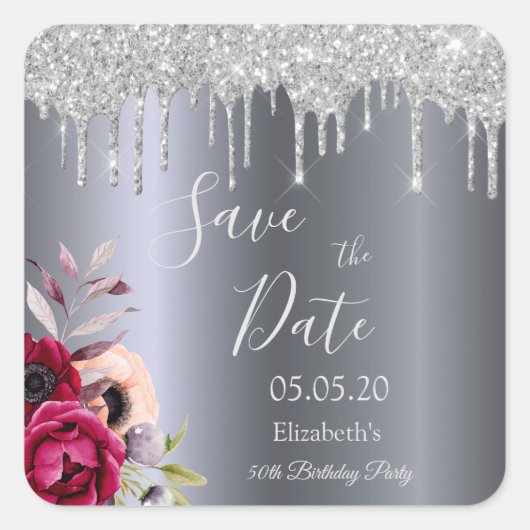 誕生日シルバーグリッターフローラ保存日付 スクエアシール (正面)