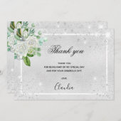 誕生日シルバーグリッターフローラ感謝してい写真 サンキューカード (正面/裏面)