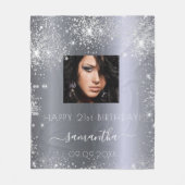 誕生日シルバーグリッター写真名スクリプト フリースブランケット (正面)