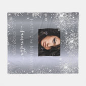 誕生日シルバーグリッター写真名スクリプト フリースブランケット (正面(横))