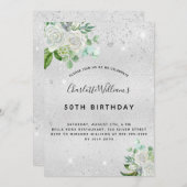 誕生日シルバーグリッター花緑 招待状 (正面/裏面)