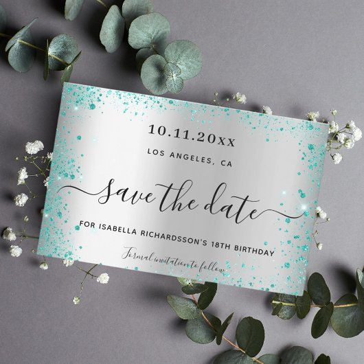 誕生日シルバーティール(緑がかった色)グリッター保存する日付カード