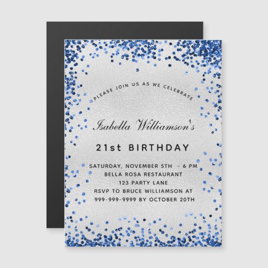 誕生日シルバーネイビーブルーグリッターラグジュアリー マグネット招待状 (正面/裏面)