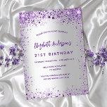 誕生日シルバーバイオレットパープルスパークルラグジュアリー 招待状<br><div class="desc">21ガーリー日(まフェミニンたは任意の年齢)の誕生日パーティーの招待。前面：トレンディーフェイク銀の背景。暗飾紫と紫のフェイクグリッター、キラキラ。名前、パーティー・詳細のパーソナライズおよび追加名前は手書文字のスタイルと紫の色の文字です。バック：銀フェイク色の背景とフェイクグリッター。</div>