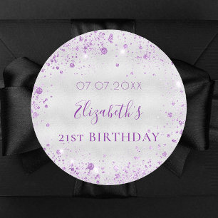 誕生日シルバーパープルグリッターダスト名日付 ラウンドシール