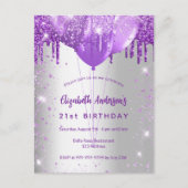 誕生日シルバーパープルグリッターバルーン華 インビテーションポストカード (正面)