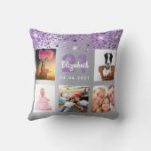 誕生日シルバーパープルグリッターフォトコラージュ名 クッション (裏面)