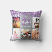 誕生日シルバーパープルグリッターフォトコラージュ名 クッション (正面)